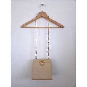 Salvatore Ferragamo Cream Leather Gancini Chain Shoulder Bag Italy Gold Vintage